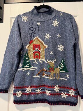 Vintage Nut Cracker Christmas Holiday Embroidered Sweater w/ Gingerbread House